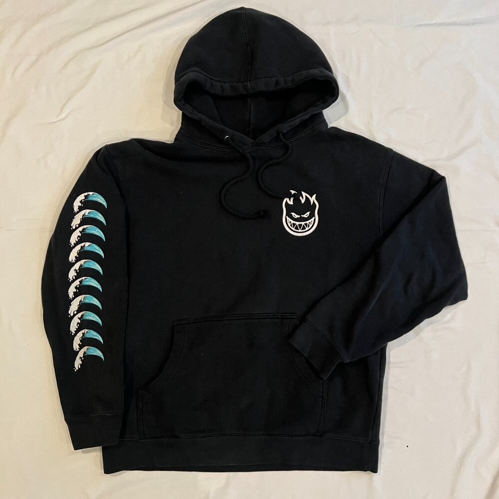 Spitfire Wheels The End Hoodie Mens M Black Spiral Wave Skateboard Y2K Pullover